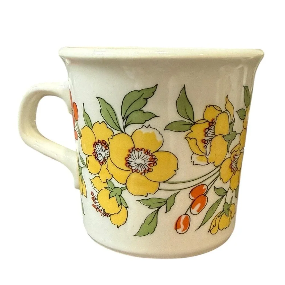 Vintage 70s Floral Mugs Taylor USA Set‎ 4 Yellow Orange Boho Retro Cups